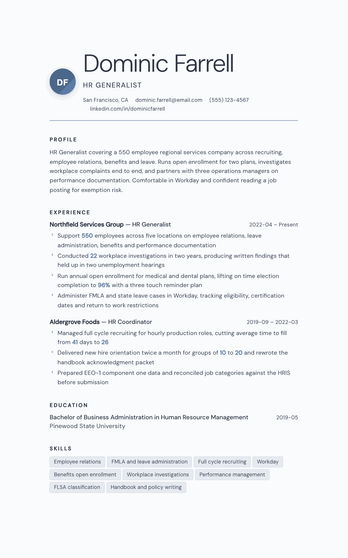 HR Generalist resume example, Nordic template