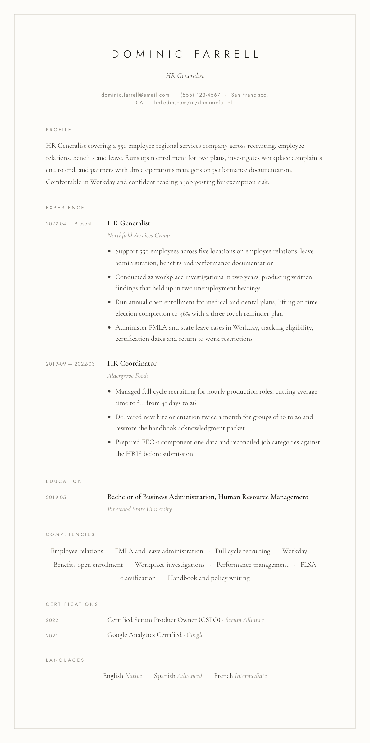 HR Generalist resume example, Vellum template