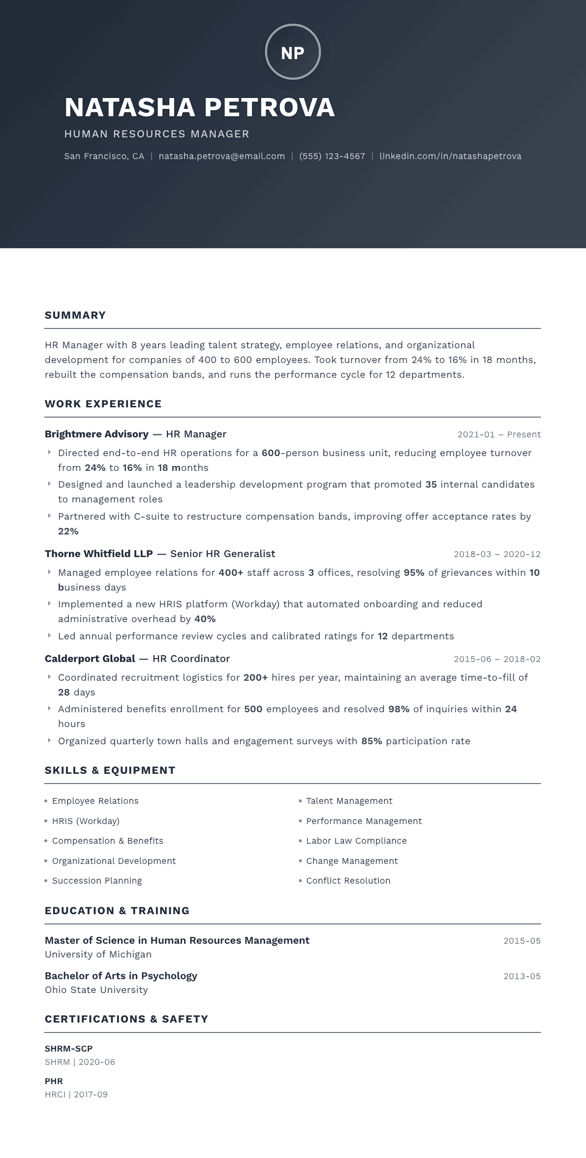 HR Manager resume example, Foundation template