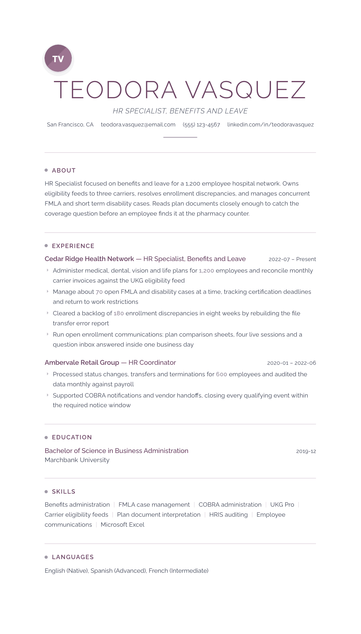 HR Specialist resume example, Serenity template