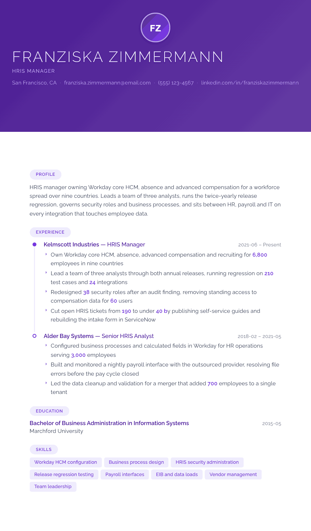 HRIS Manager resume example, Canvas template