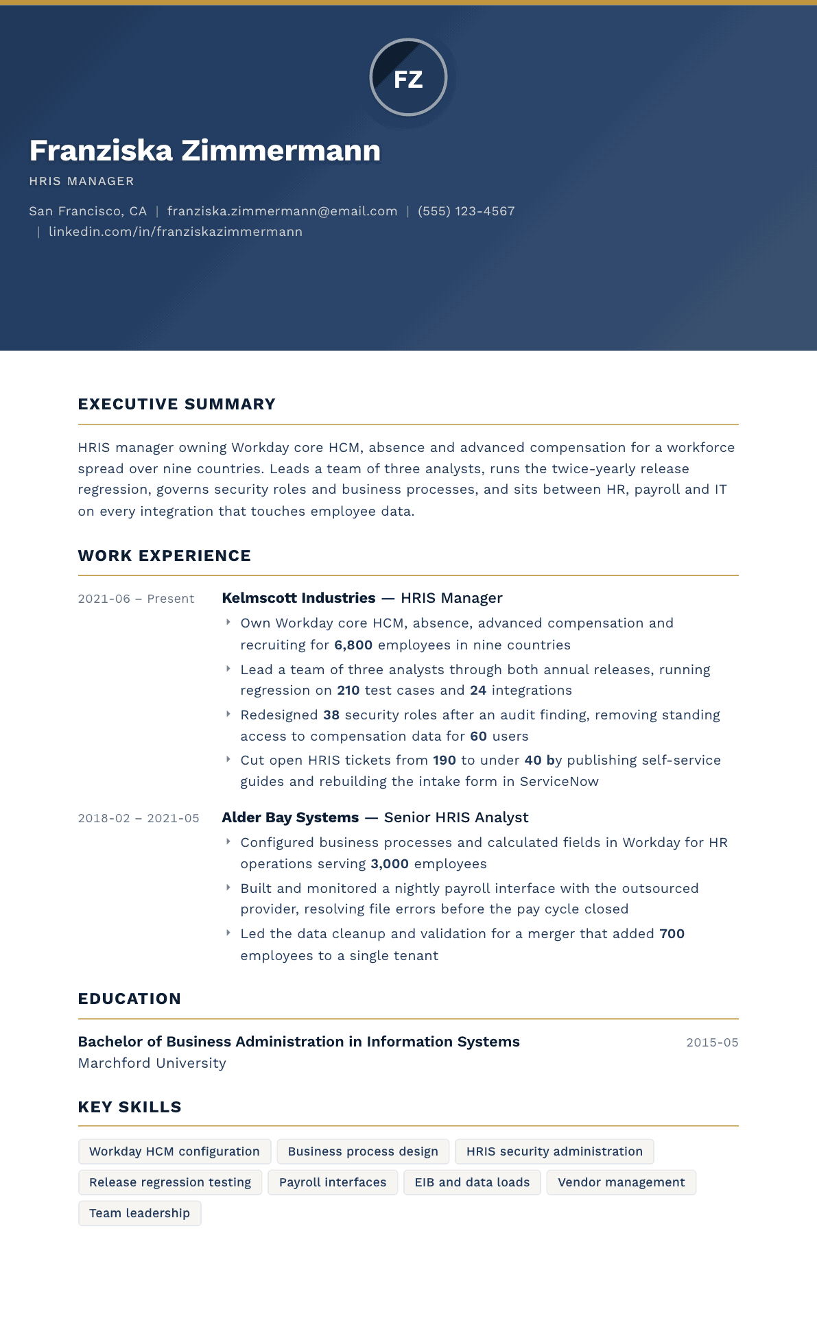 HRIS Manager resume example, Sovereign template