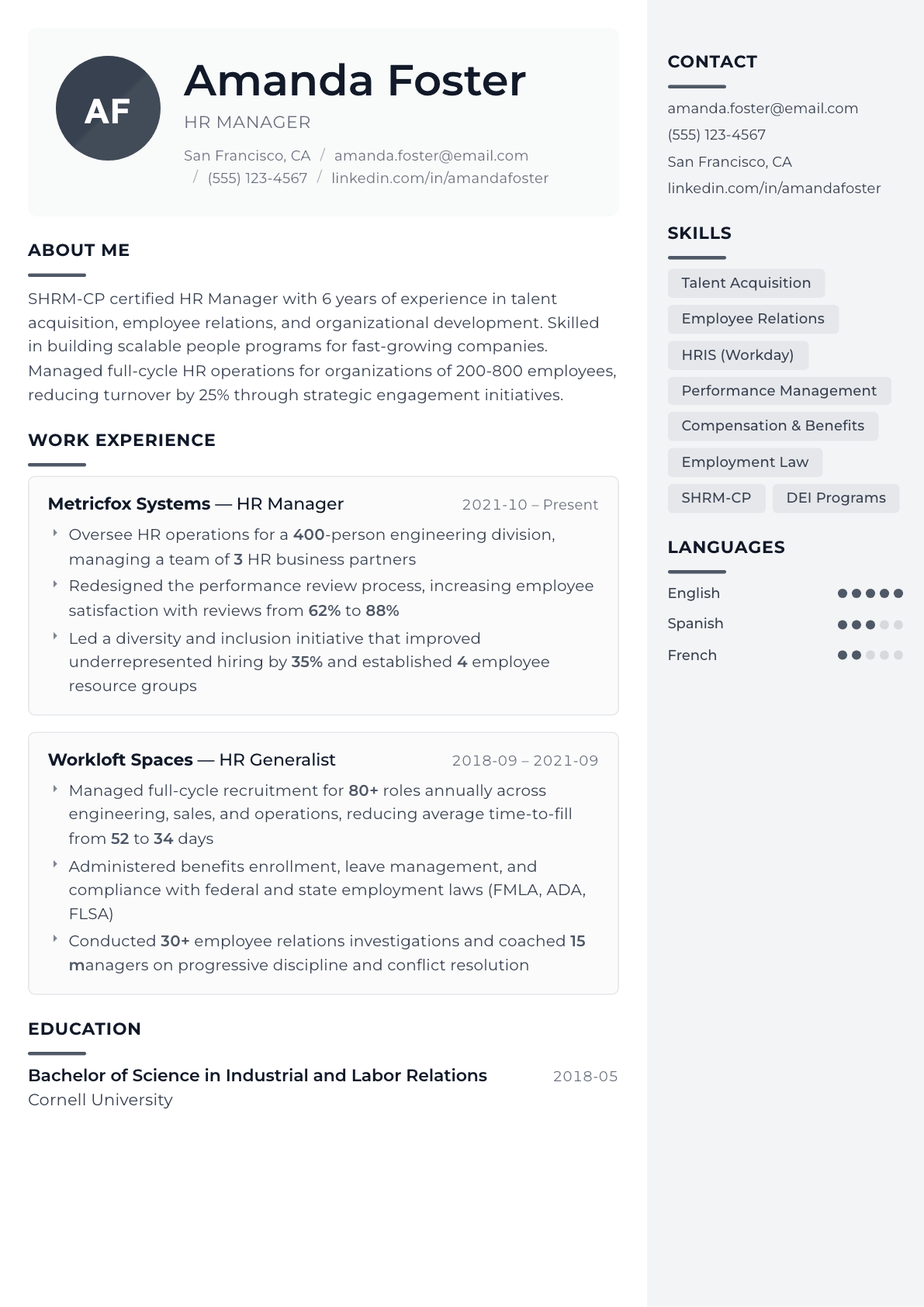 Human Resources resume example, Metropolitan template