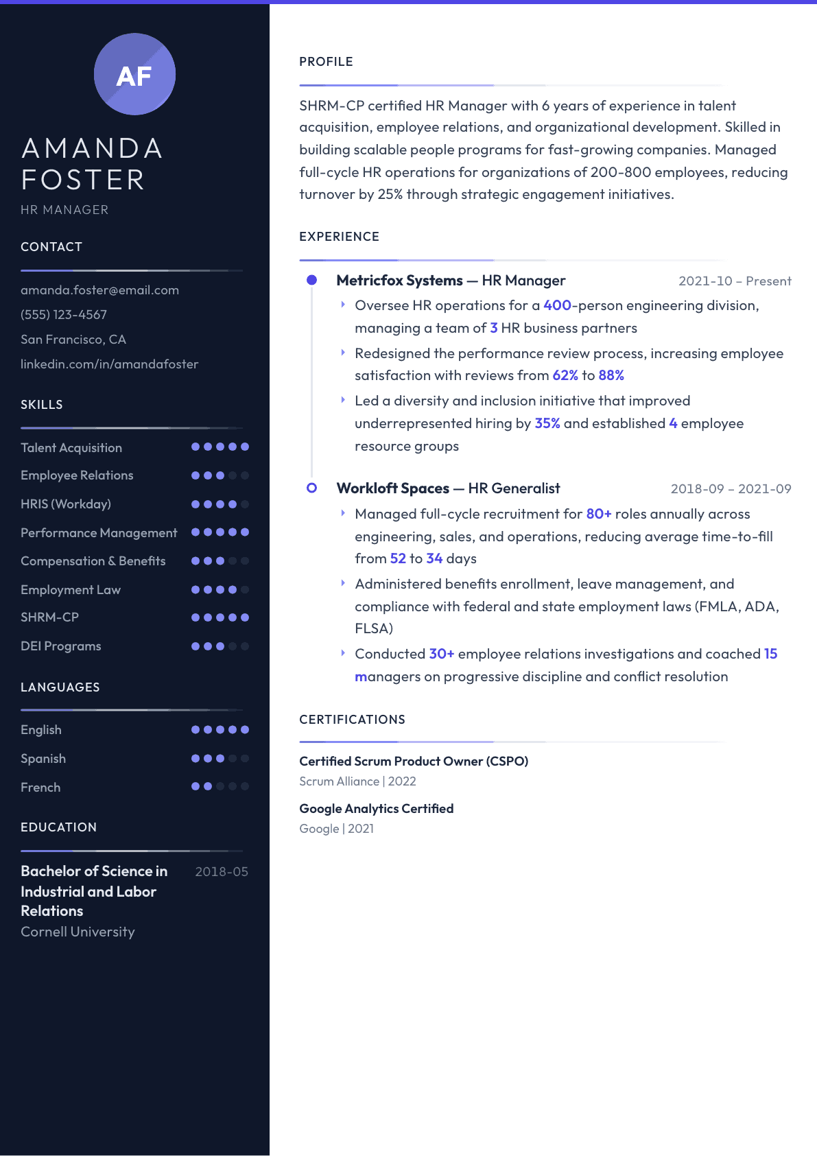 Human Resources resume example, Zenith template