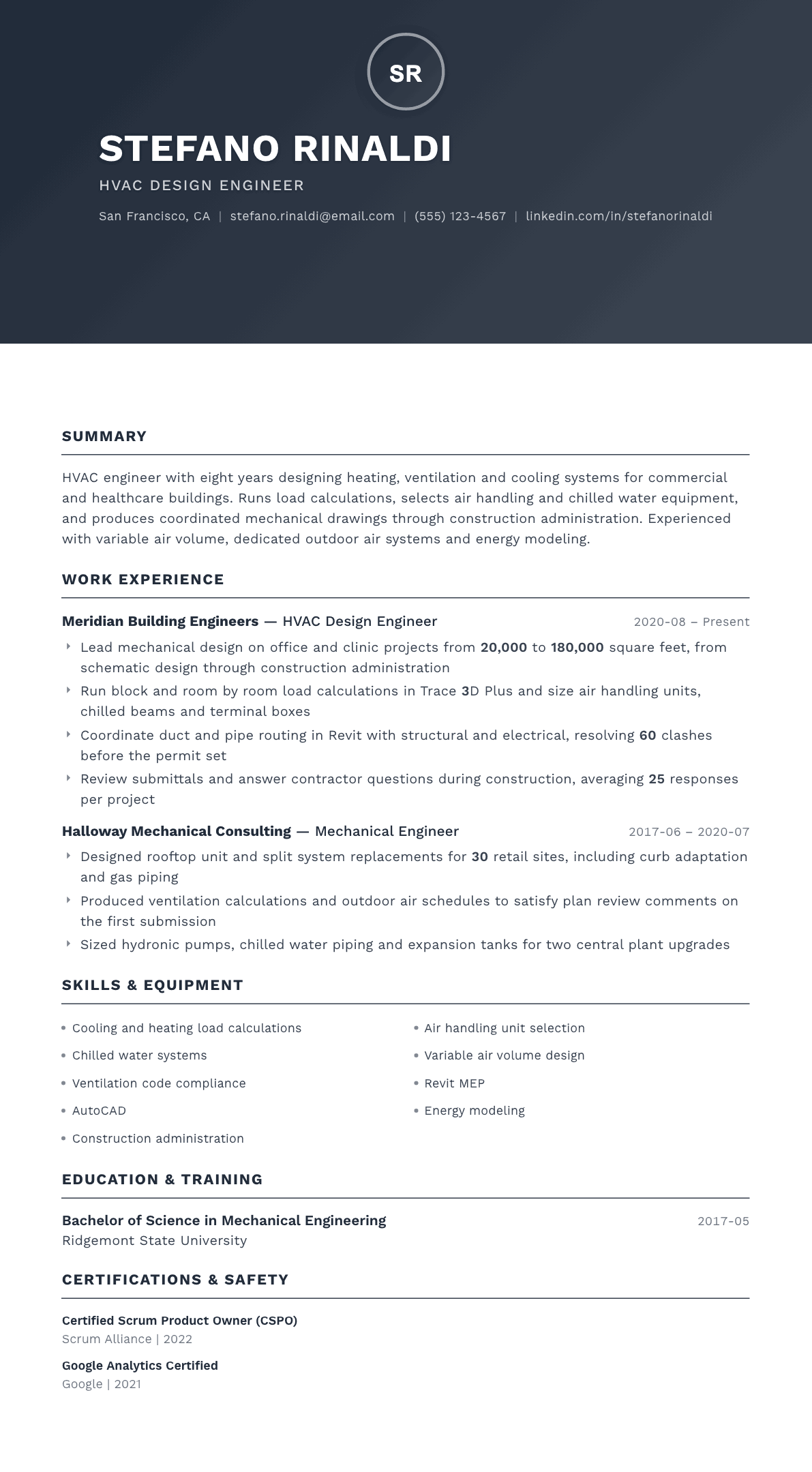 HVAC Engineer resume example, Foundation template