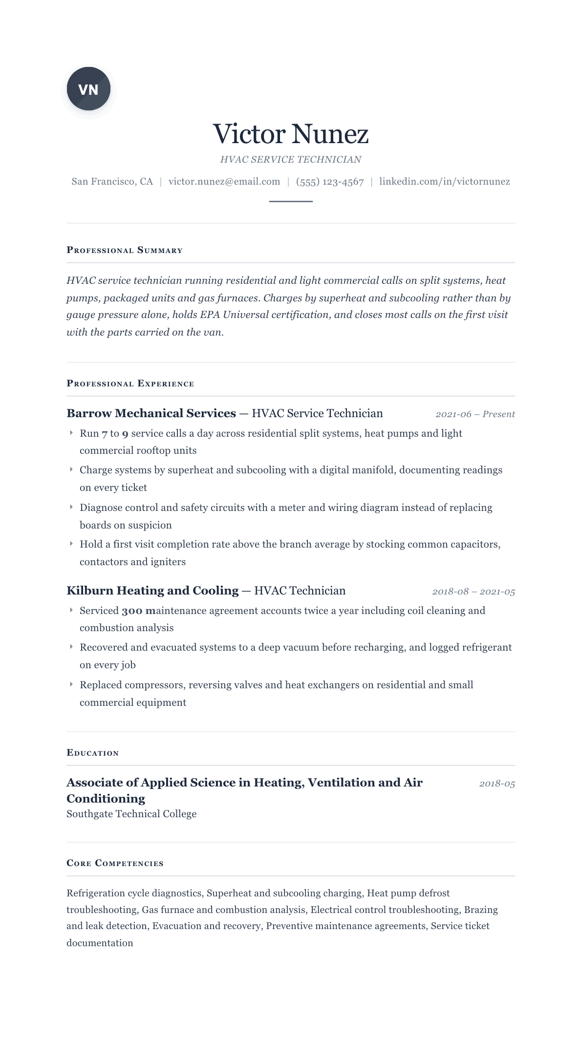 HVAC Service Technician resume example, Cornerstone template