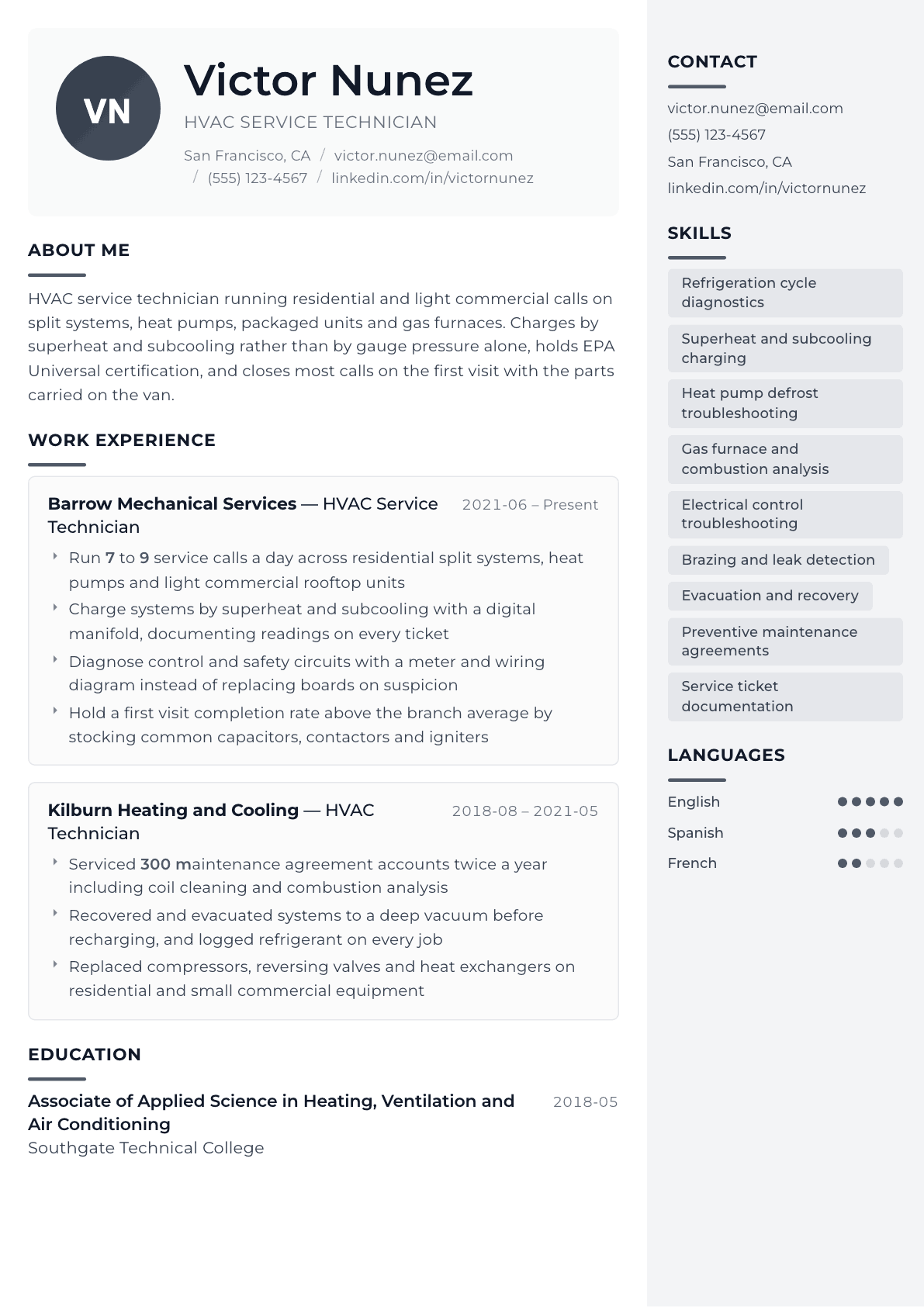 HVAC Service Technician resume example, Metropolitan template