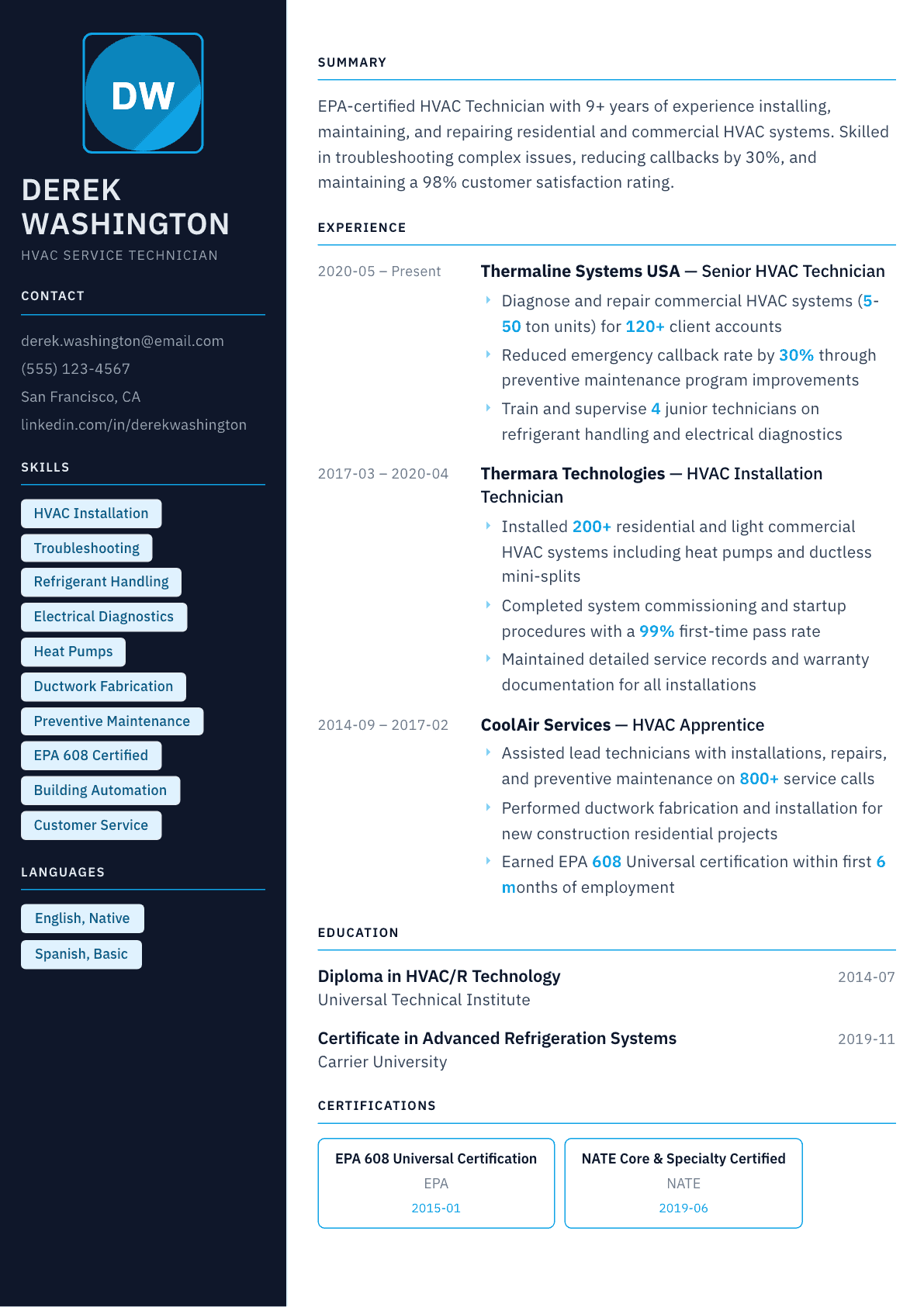 HVAC Technician resume example, Everest template