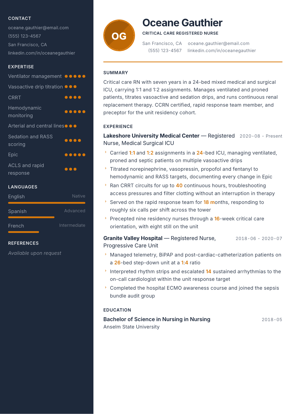 ICU Nurse resume example, Copper & Slate template