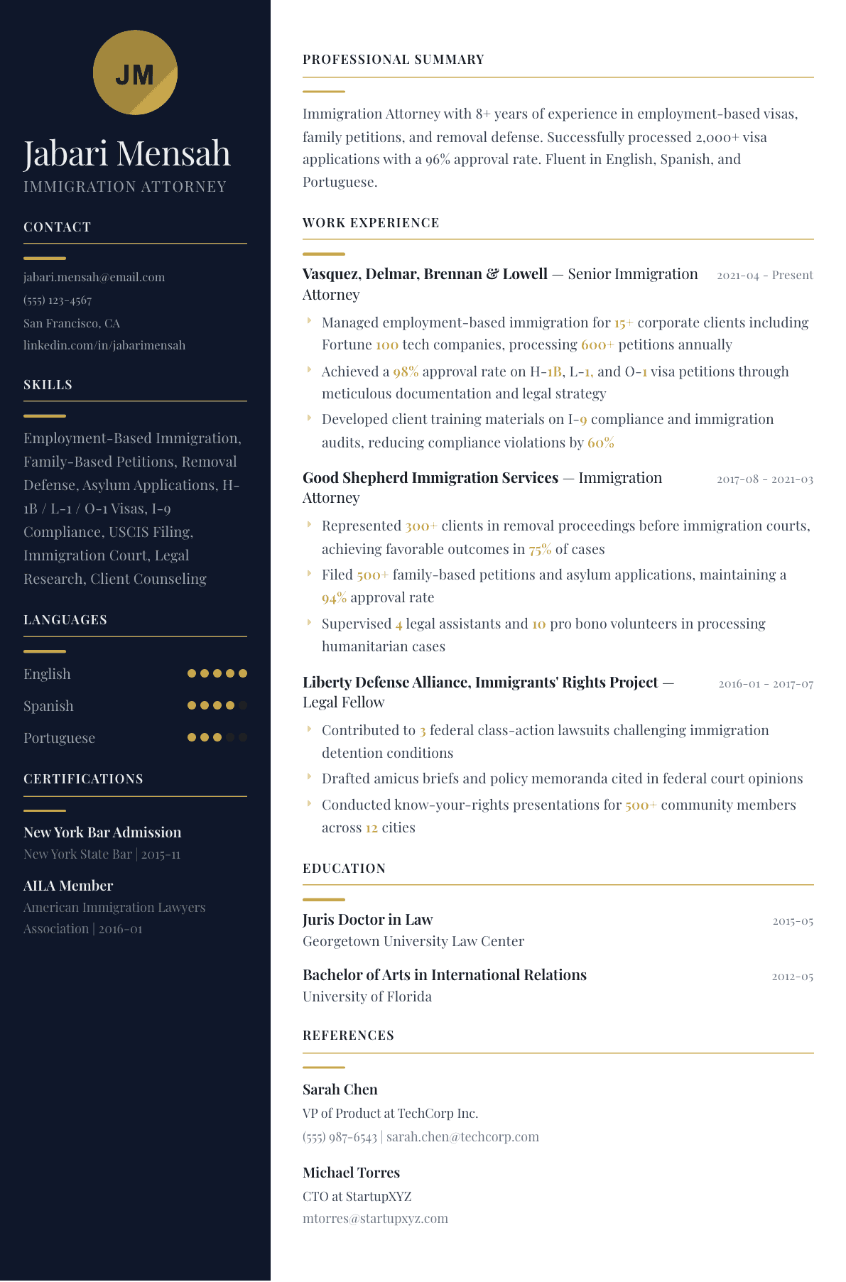 Immigration Lawyer resume example, Zurich template