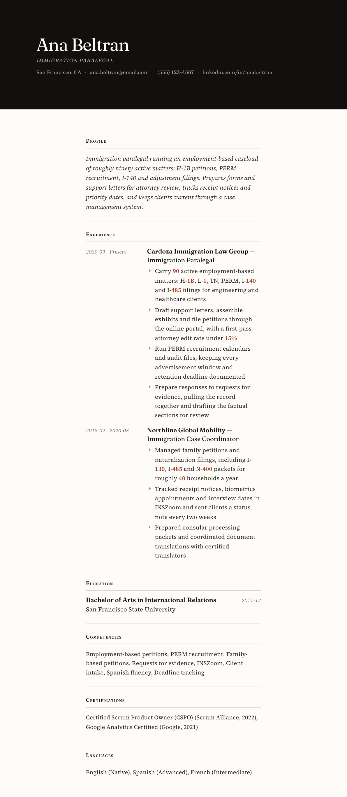 Immigration Paralegal resume example, Broadsheet template