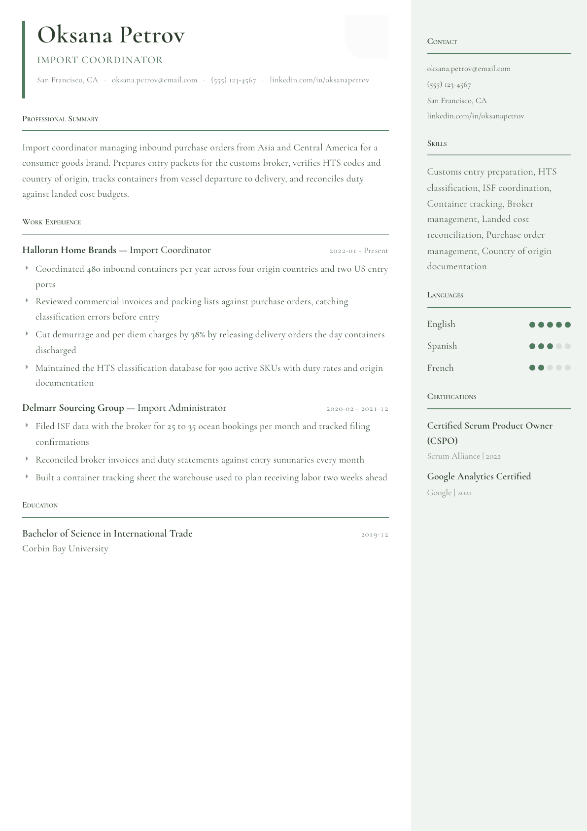 Import Coordinator resume example, Copenhagen template
