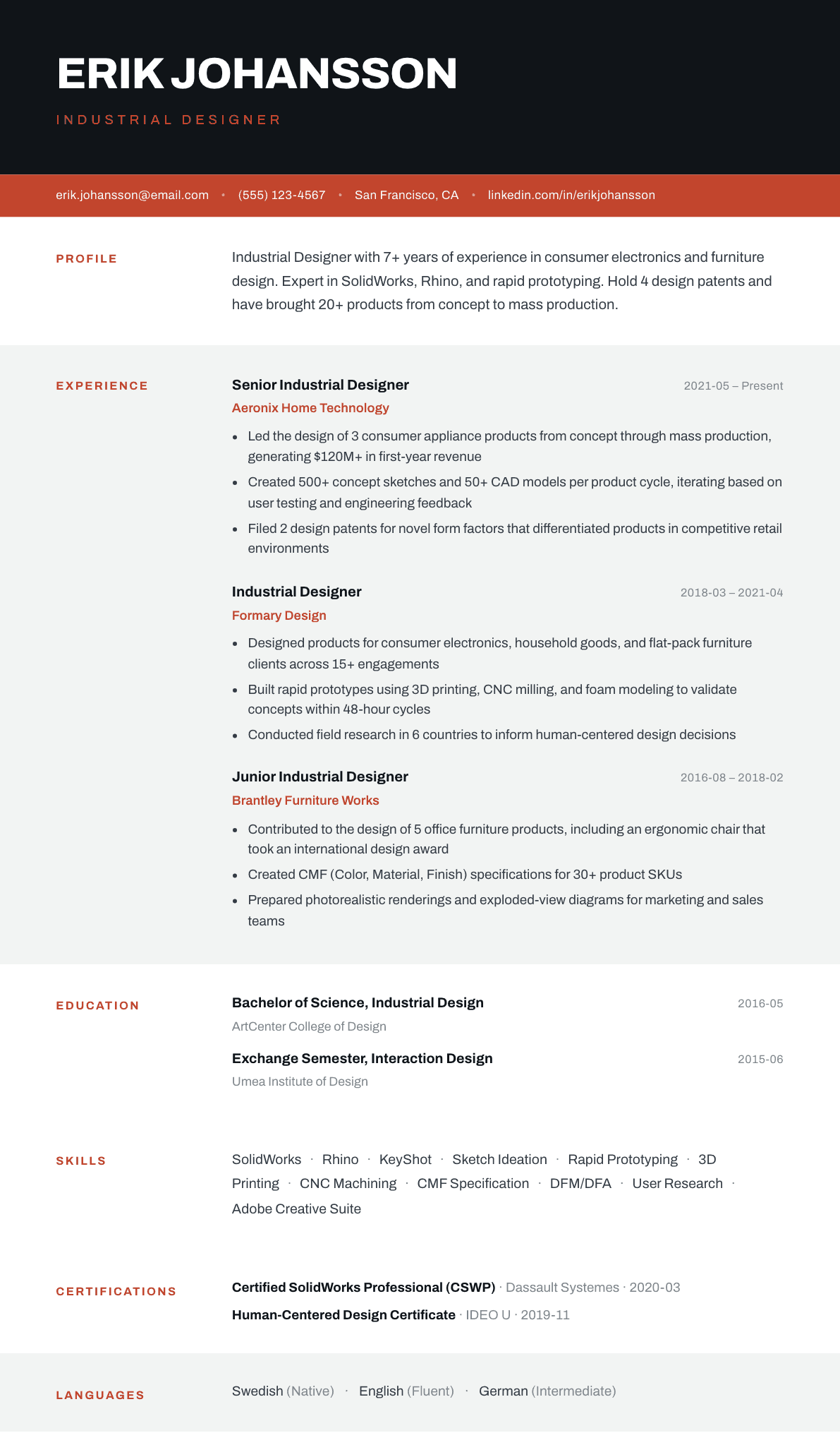 Industrial Designer resume example, Strata template