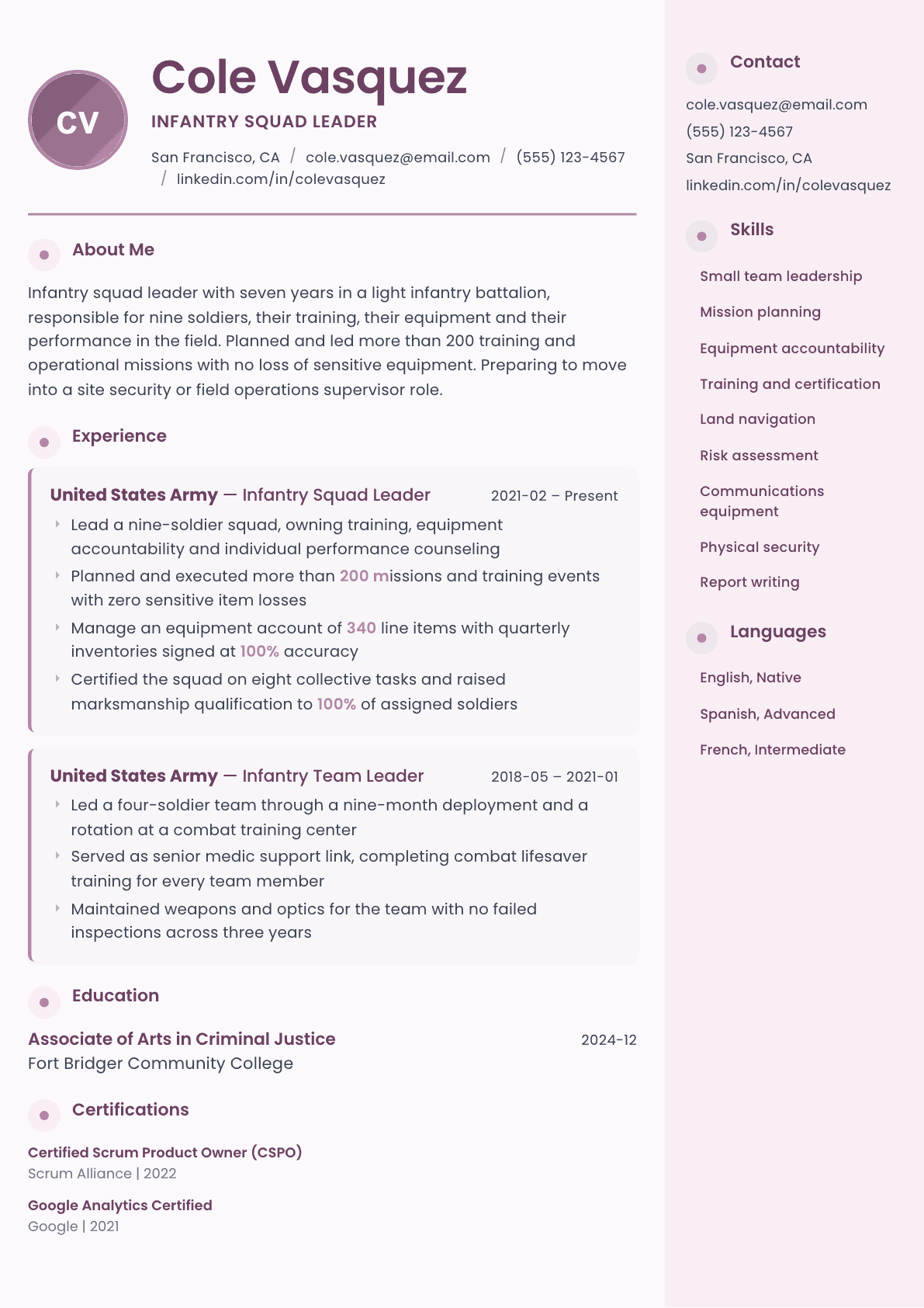 Infantry resume example, Bloom template