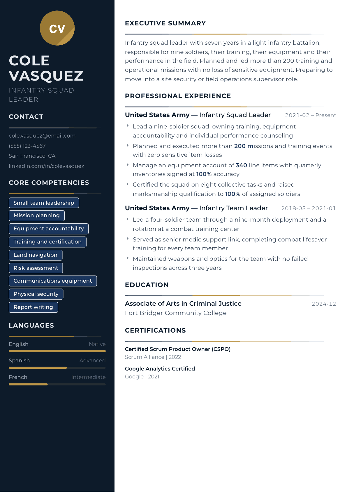 Infantry resume example, Catalyst template