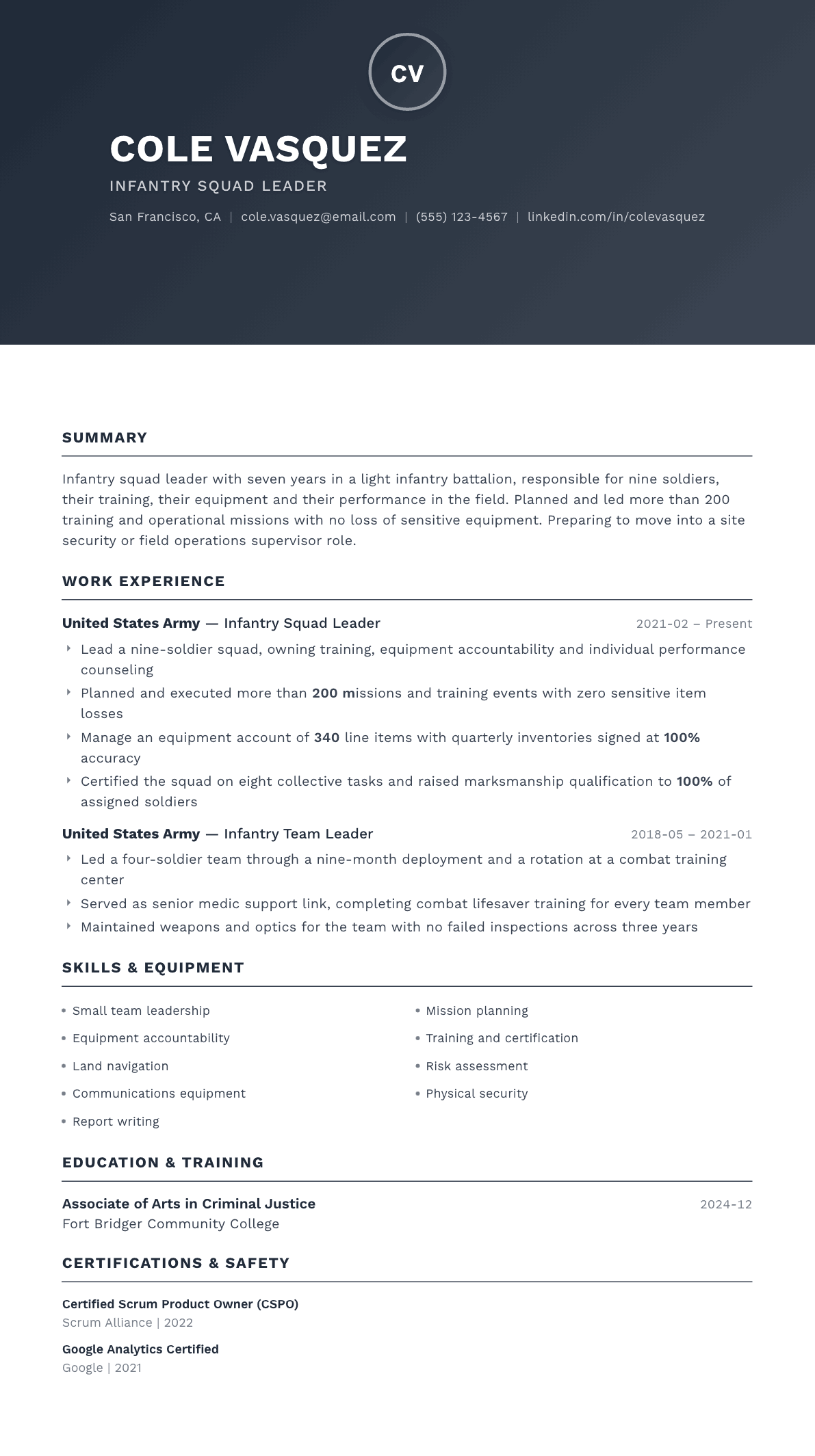 Infantry resume example, Foundation template
