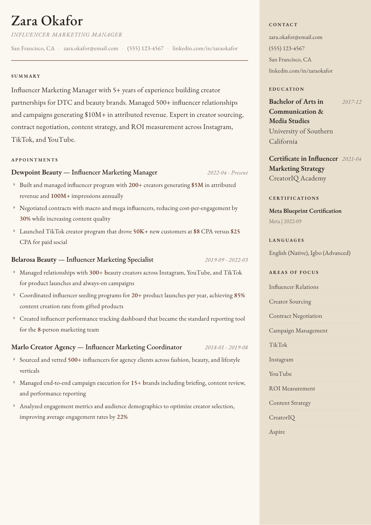 Influencer Marketing Manager resume example, Manuscript template