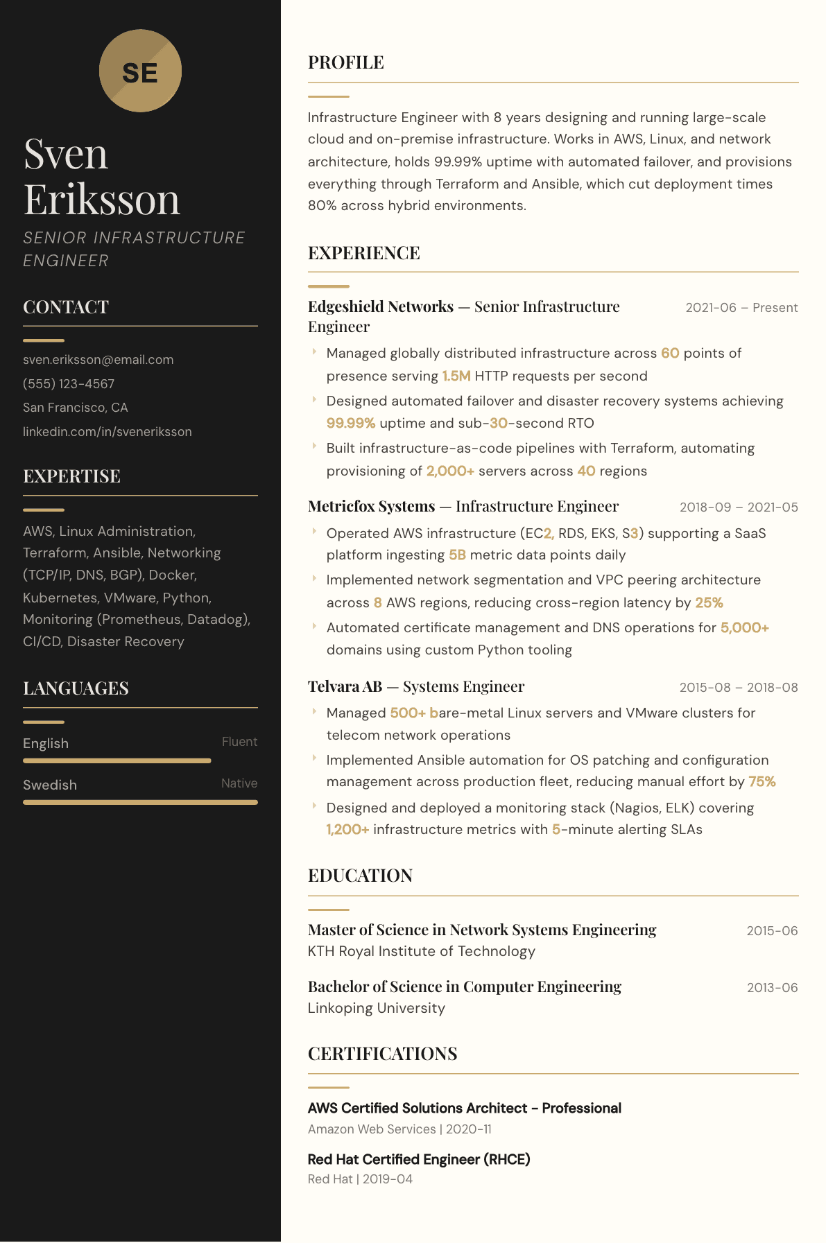 Infrastructure Engineer resume example, Obsidian template