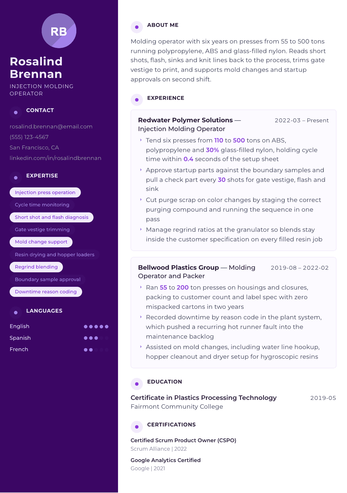 Injection Molding Operator resume example, Palette template