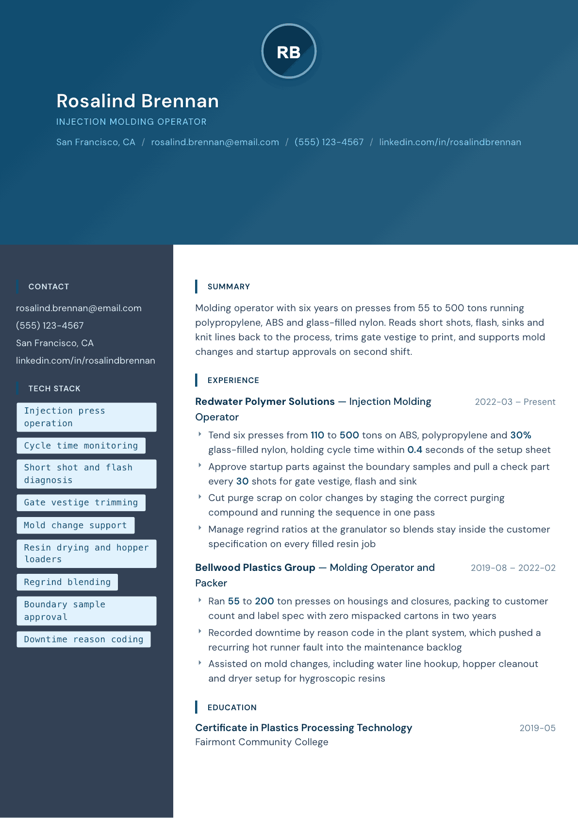 Injection Molding Operator resume example, Prism template