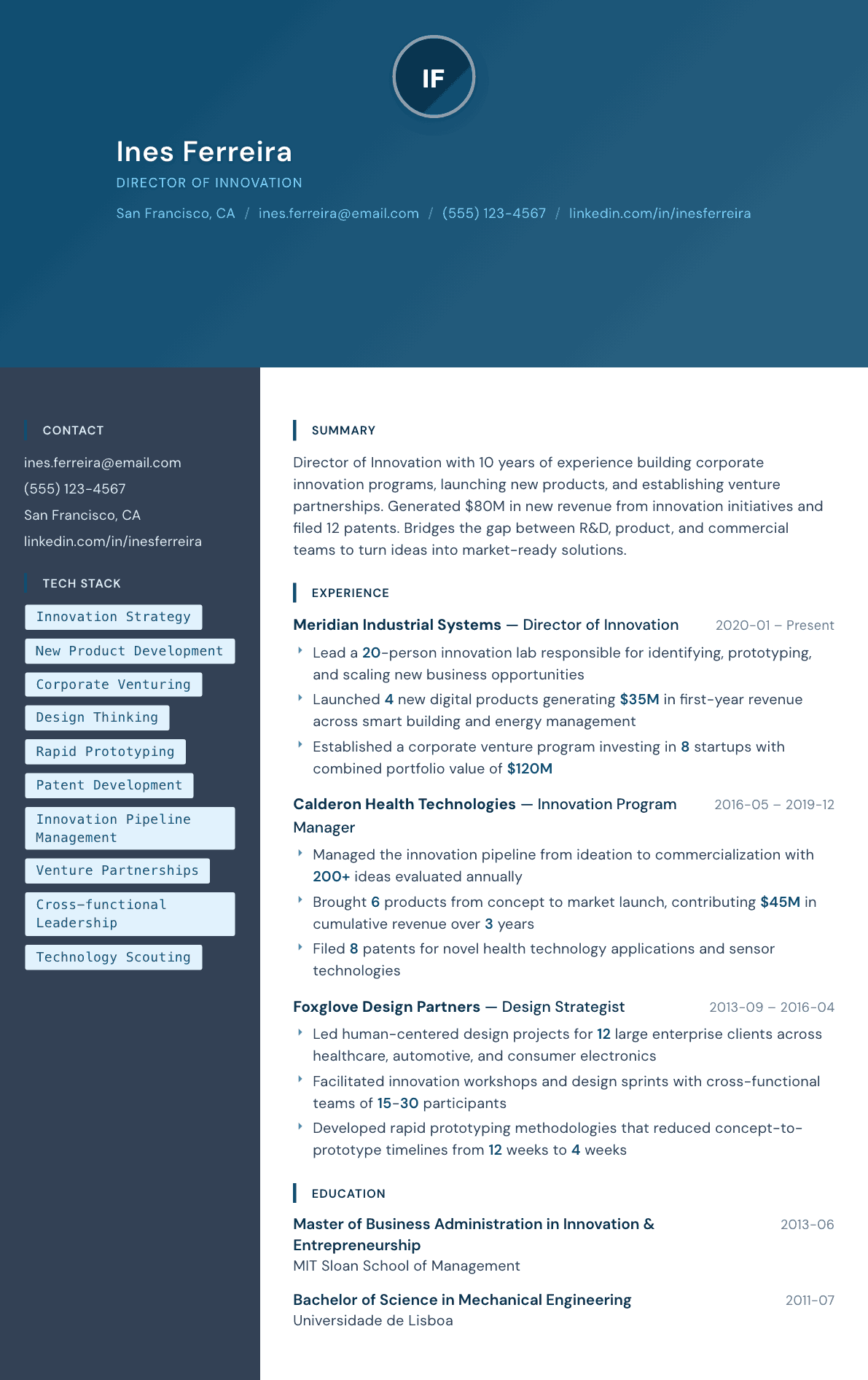 Innovation Director resume example, Prism template
