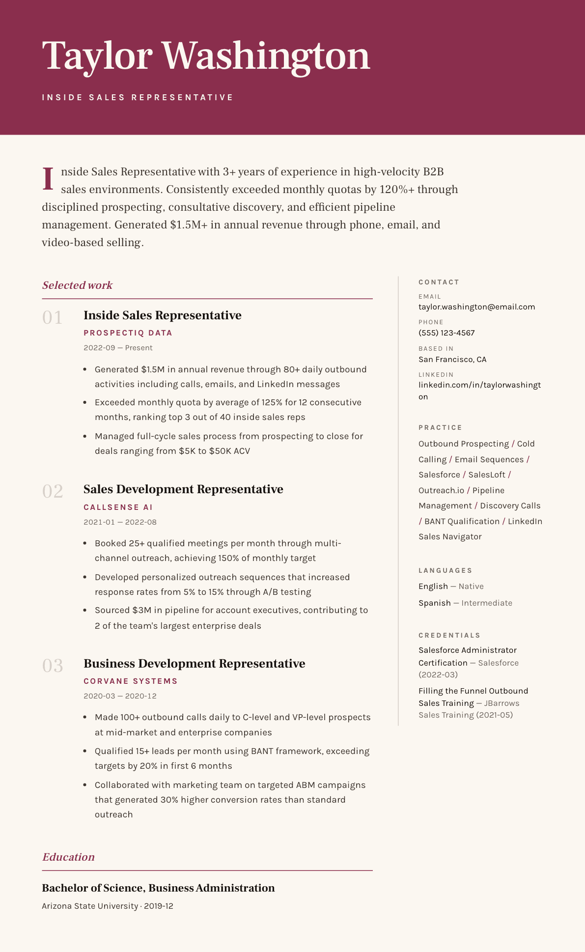 Inside Sales Representative resume example, Pressroom template