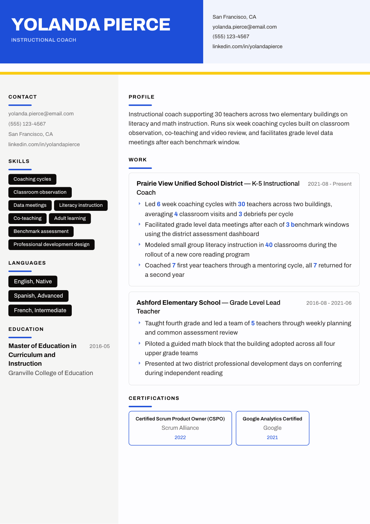 Instructional Coach resume example, Kontrast template
