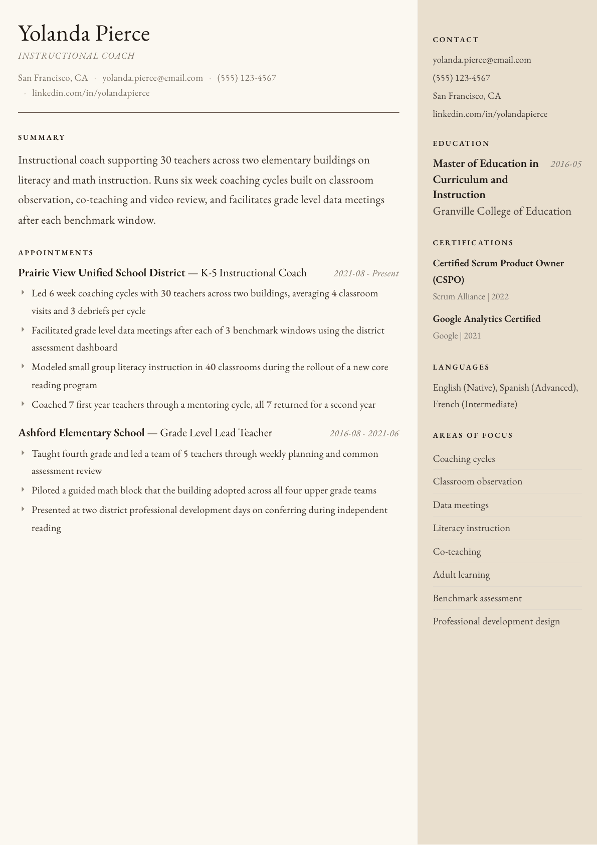 Instructional Coach resume example, Manuscript template
