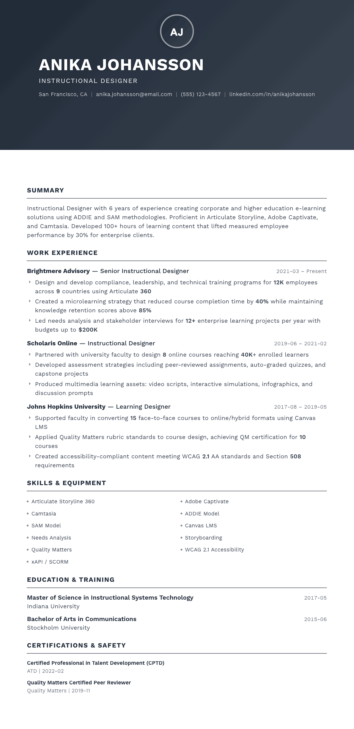 Instructional Designer resume example, Foundation template