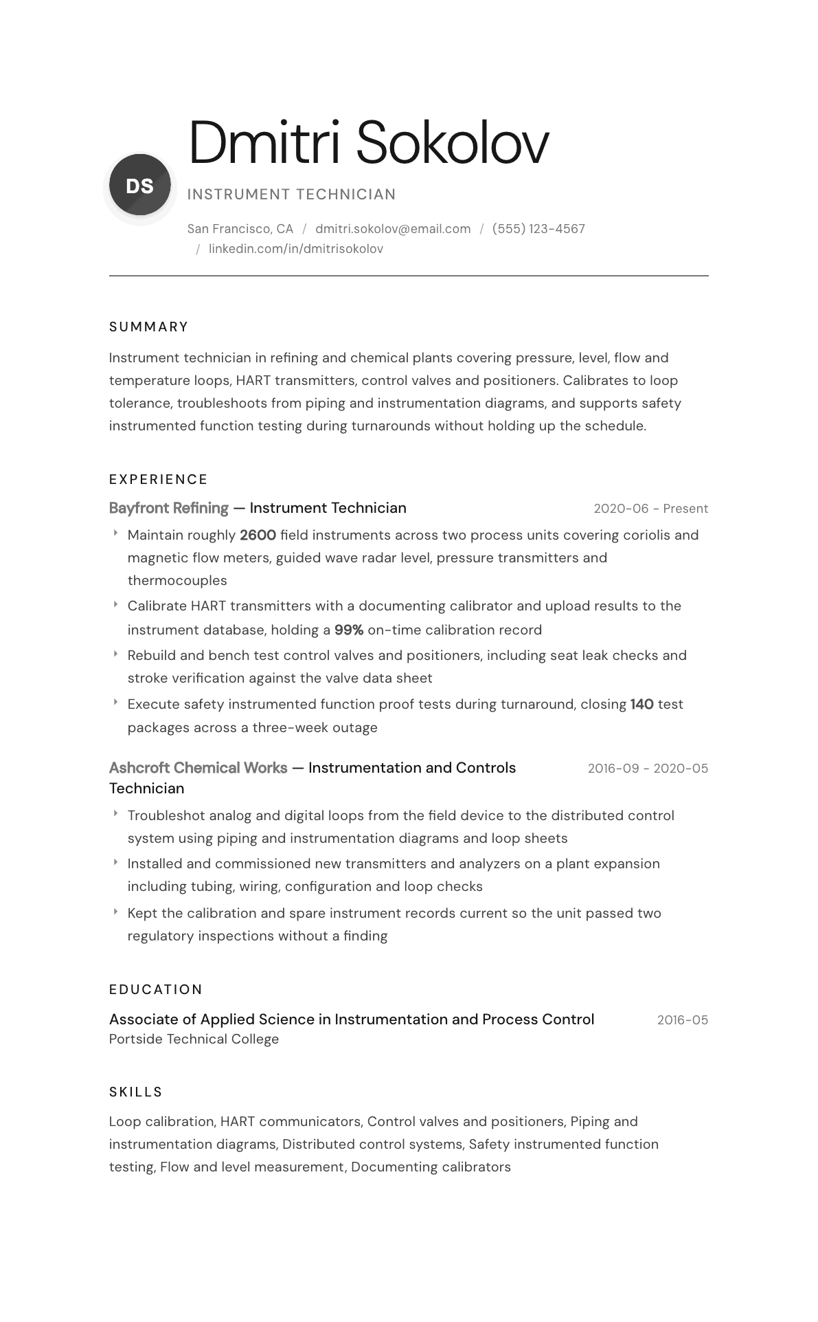 Instrument Technician resume example, Whisper template