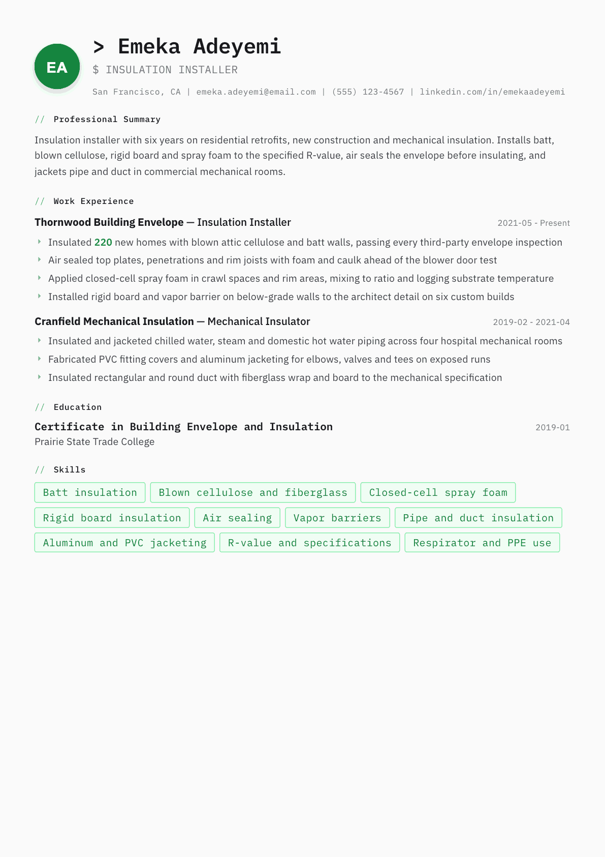 Insulation Installer resume example, Amsterdam template