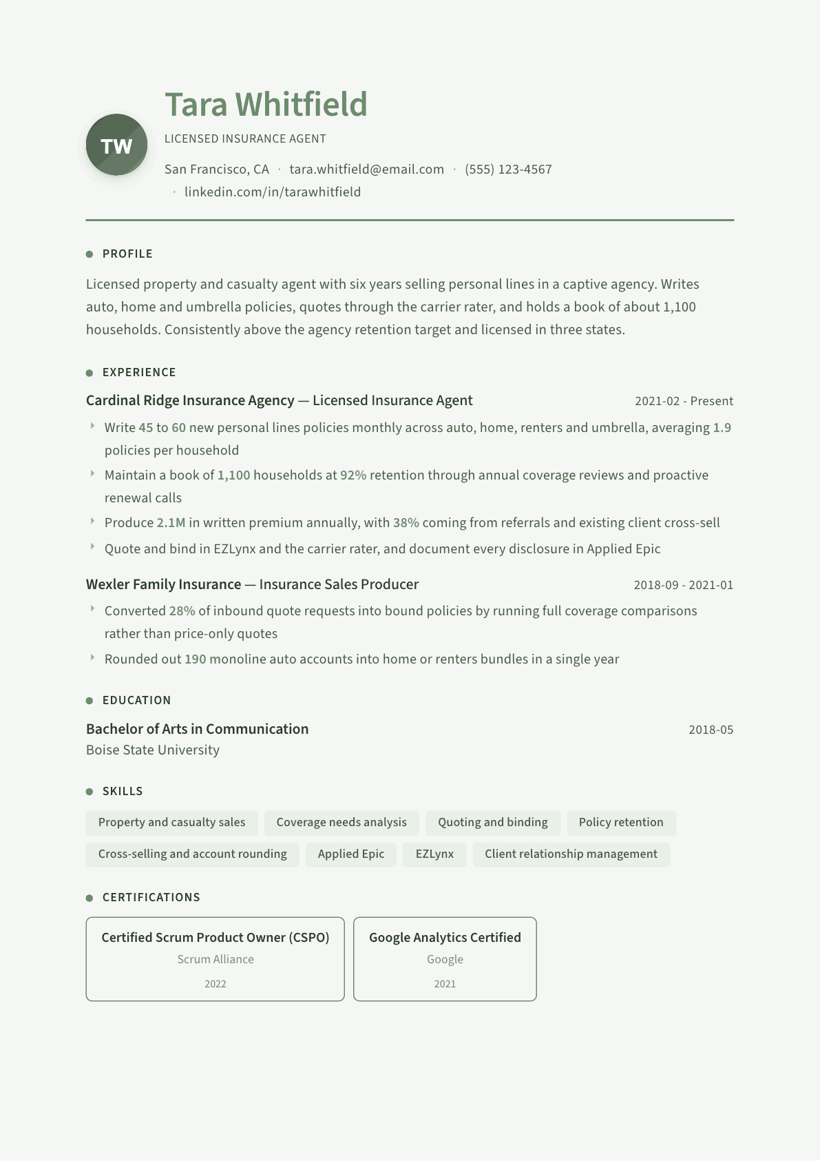 Insurance Agent resume example, Sage Garden template