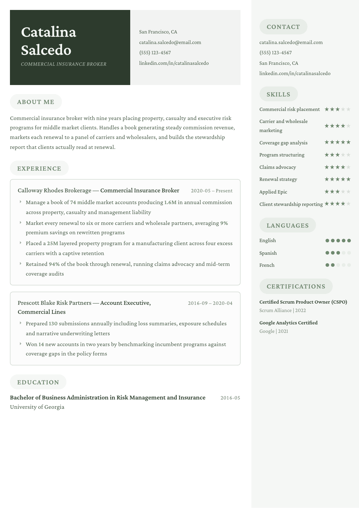 Insurance Broker resume example, Mayfair template