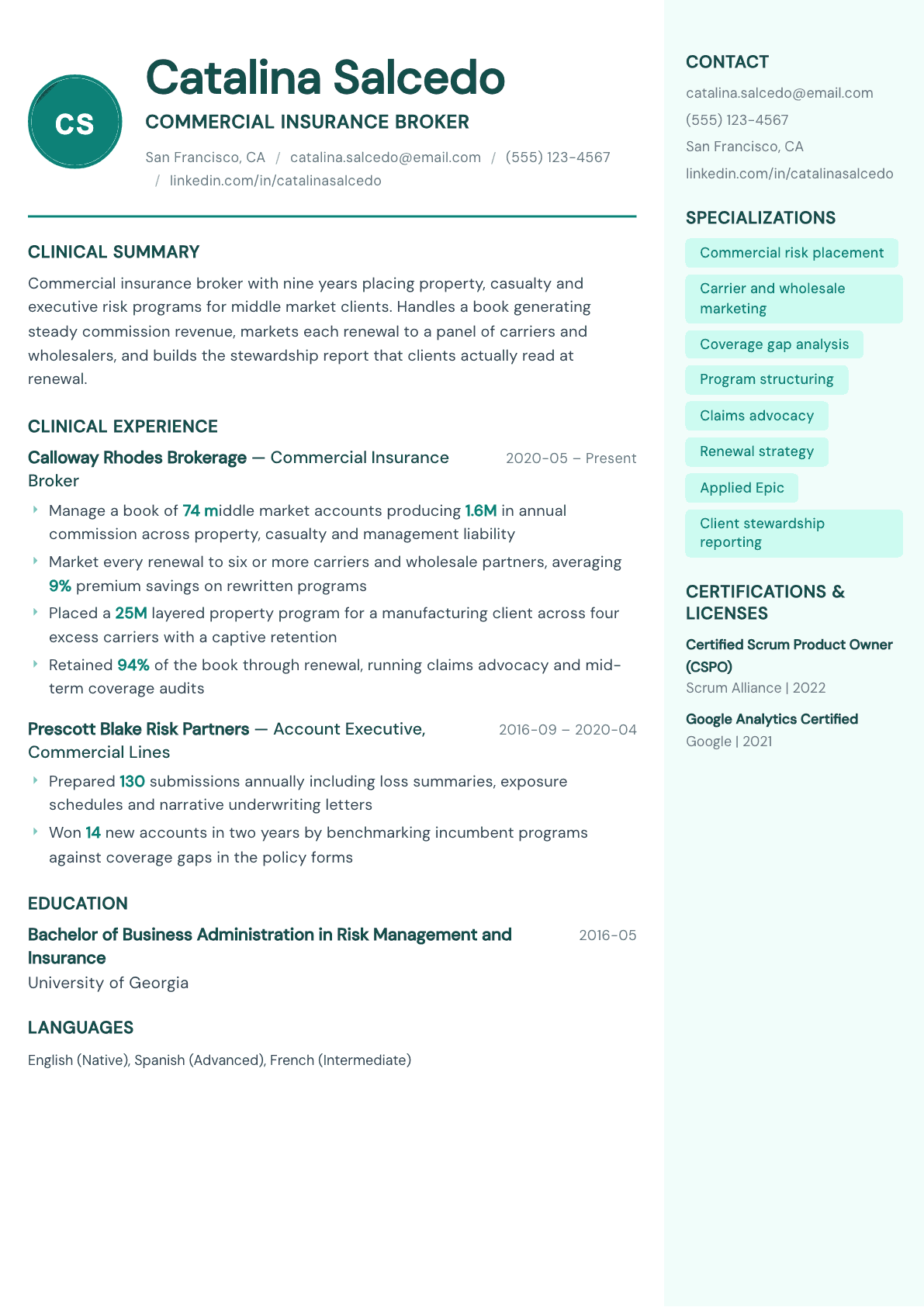 Insurance Broker resume example, Remedy template