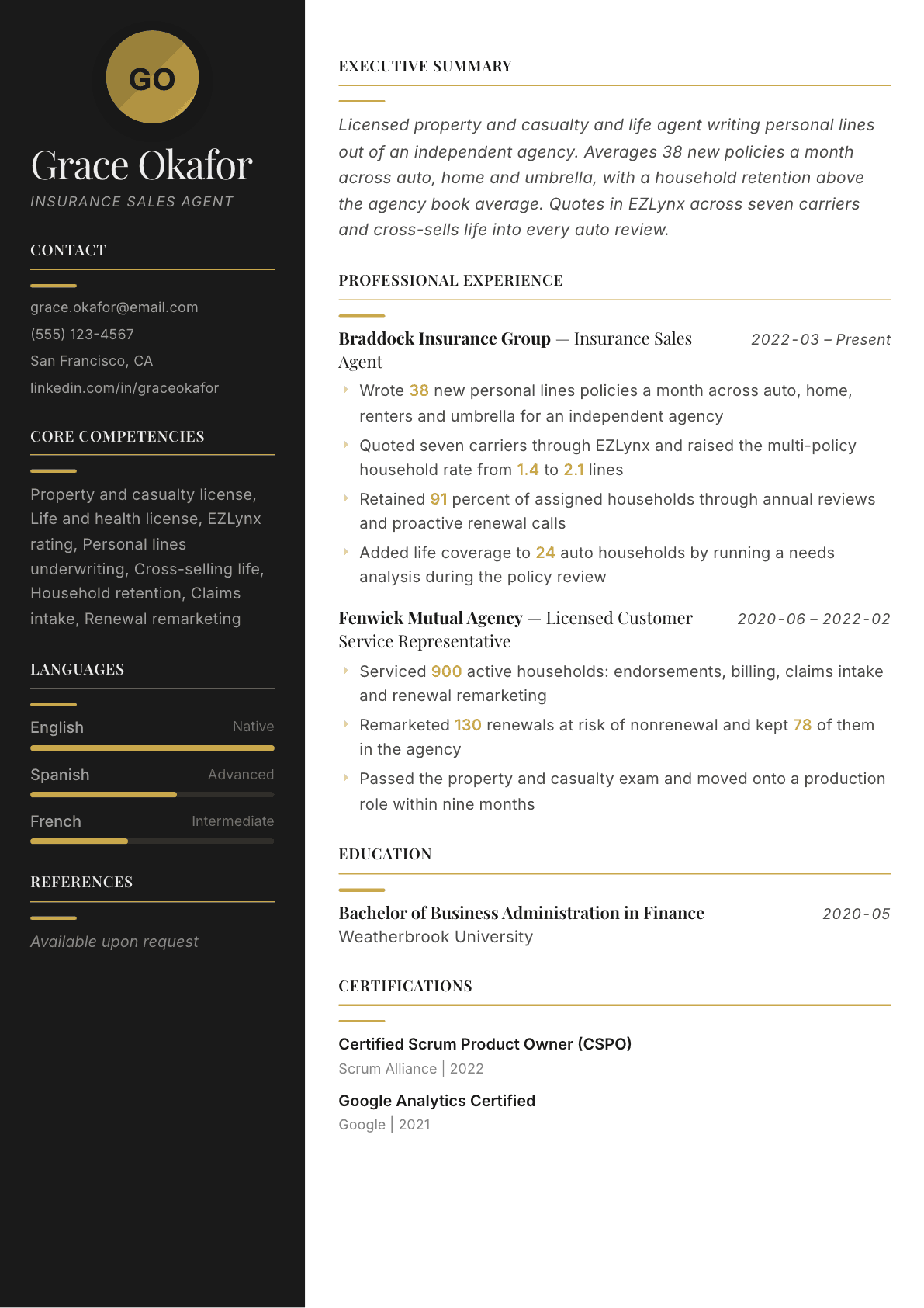Insurance Sales Agent resume example, Ink & Gold template