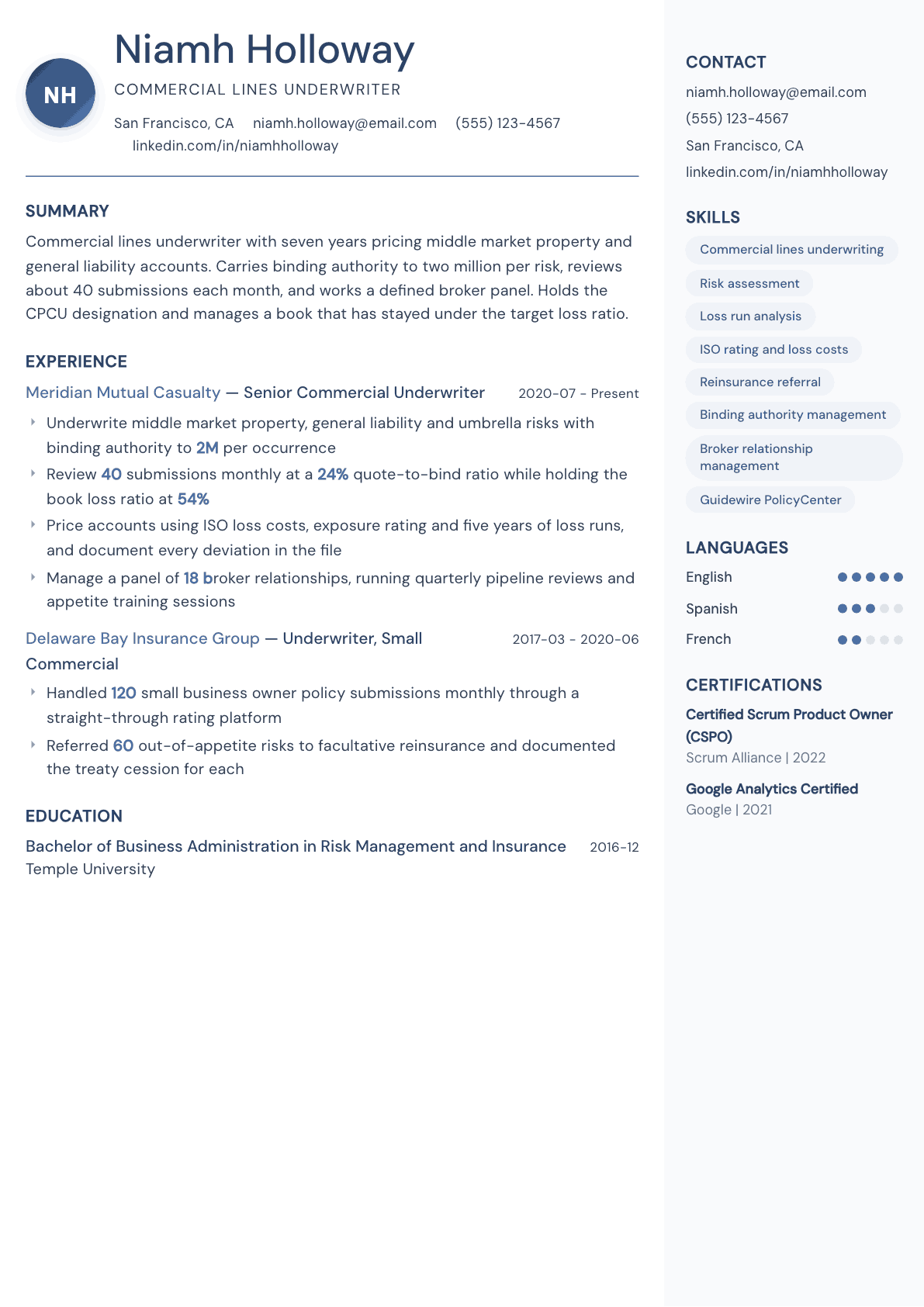 Insurance Underwriter resume example, Kernel template