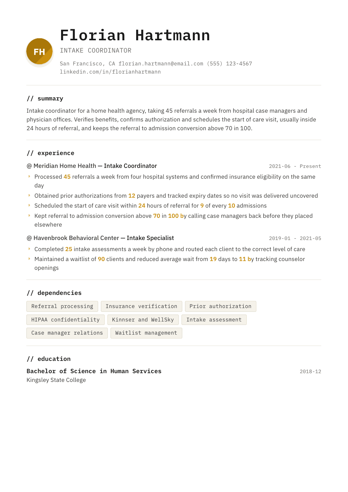Intake Coordinator resume example, Terminal template