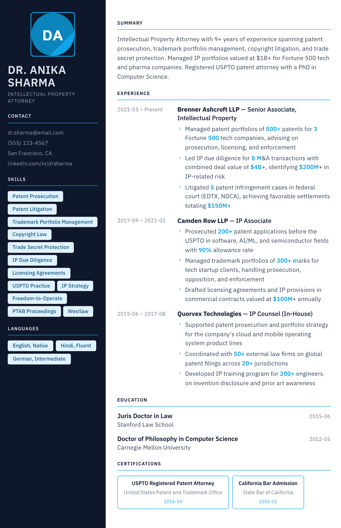 Intellectual Property Lawyer resume example, Everest template