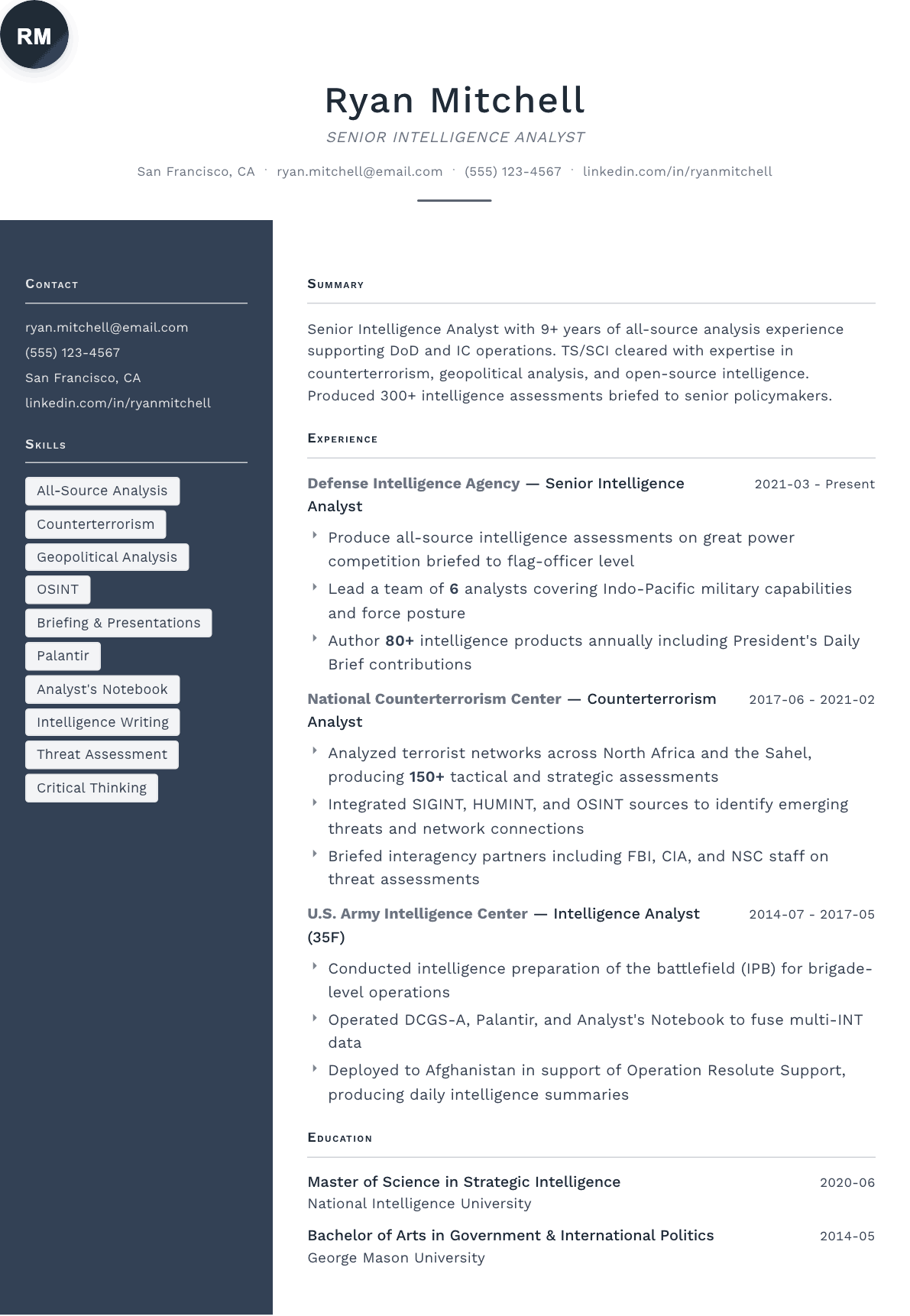 Intelligence Analyst resume example, Fold template