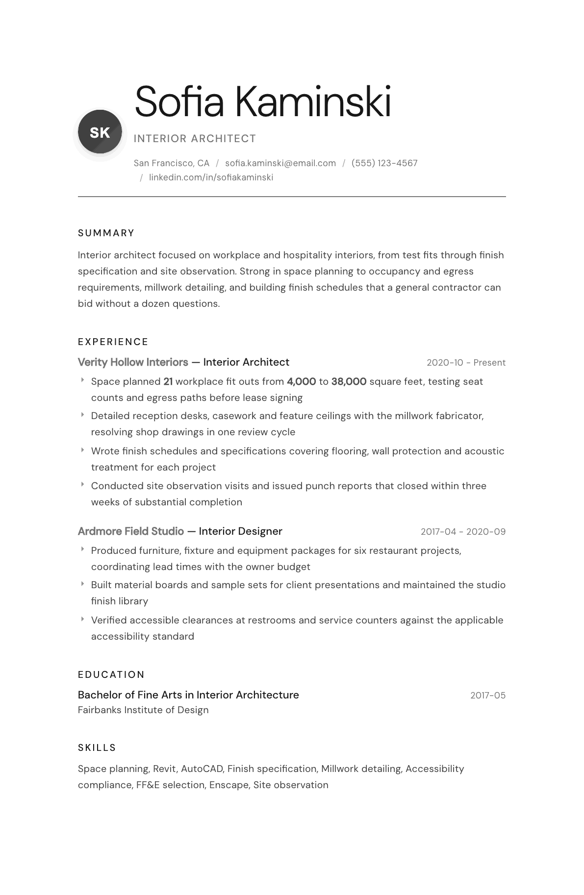 Interior Architect resume example, Whisper template