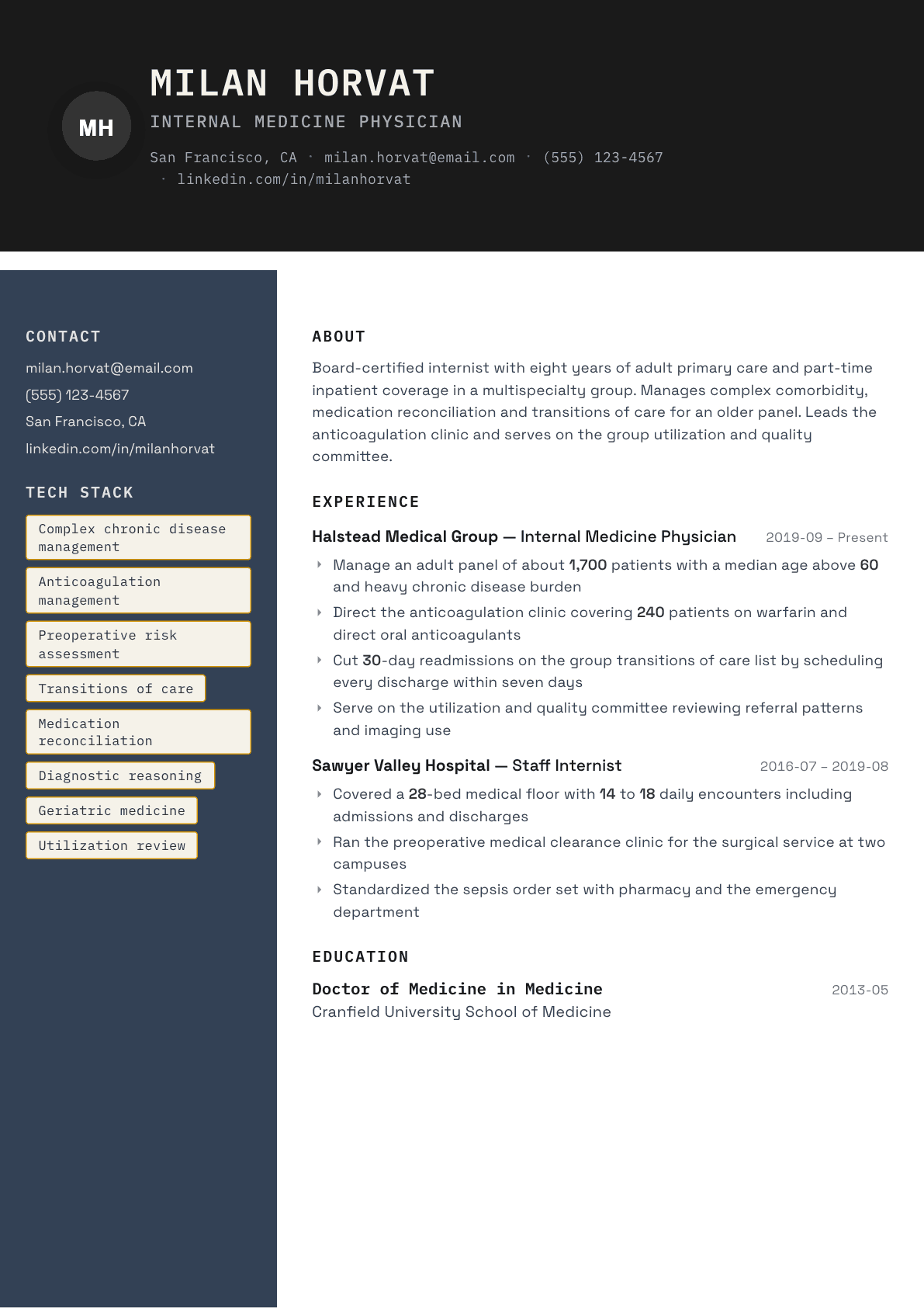 Internal Medicine Physician resume example, Codebase template