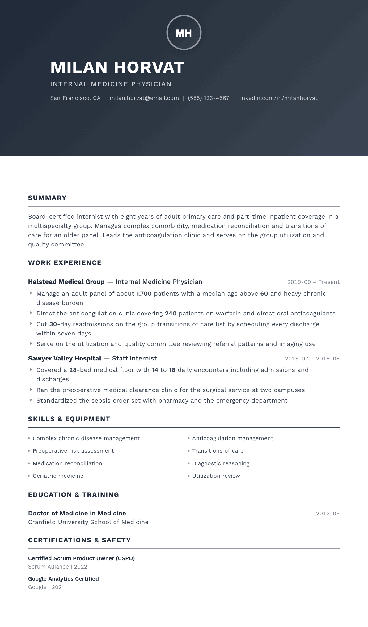 Internal Medicine Physician resume example, Foundation template