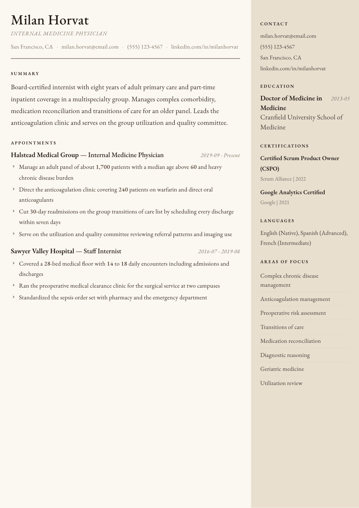 Internal Medicine Physician resume example, Manuscript template
