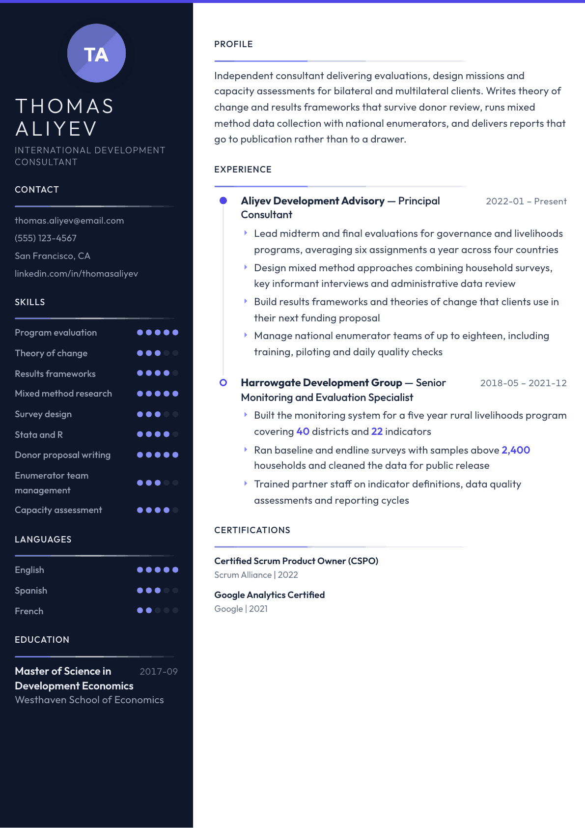 International Development Consultant resume example, Zenith template
