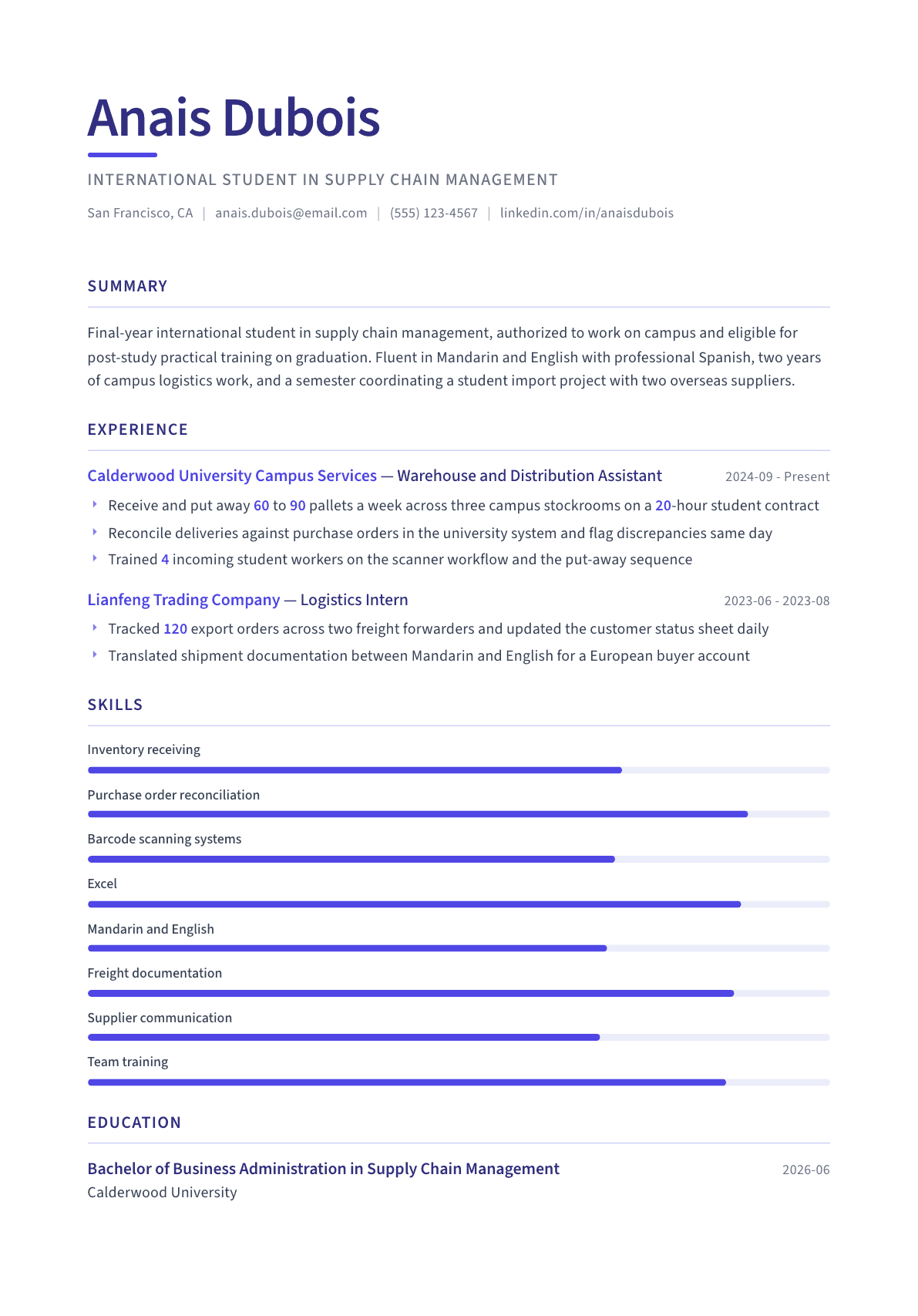 International Student resume example, Logic template