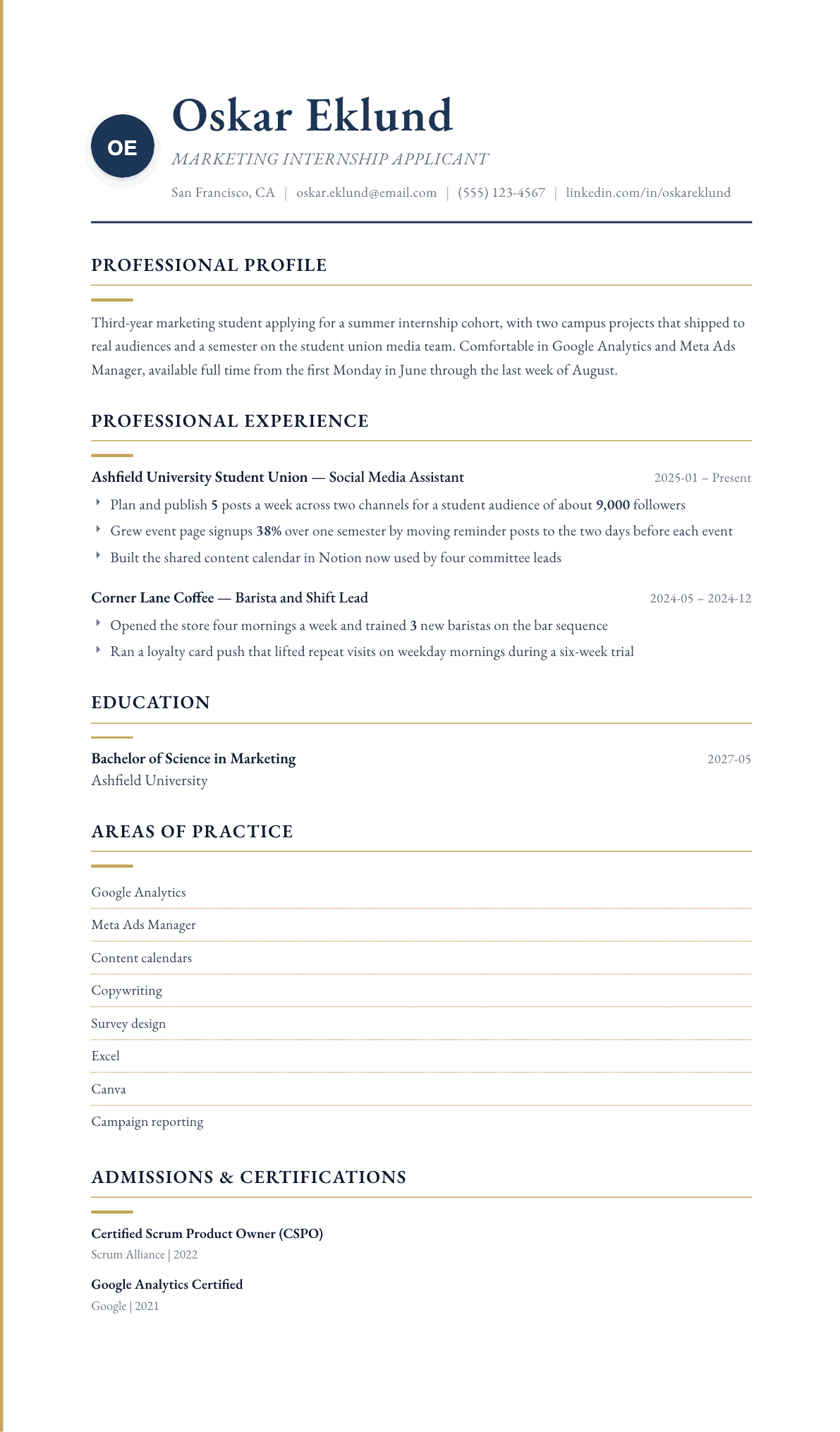Internship Applicant resume example, Folio template