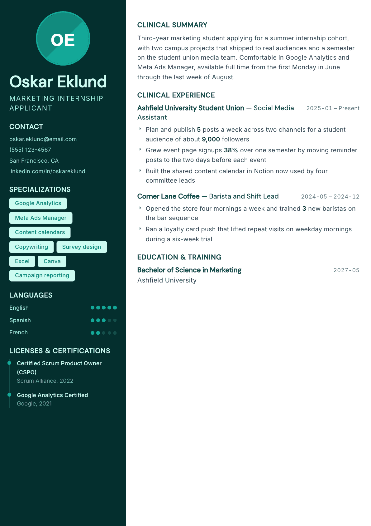 Internship Applicant resume example, Vitalis template