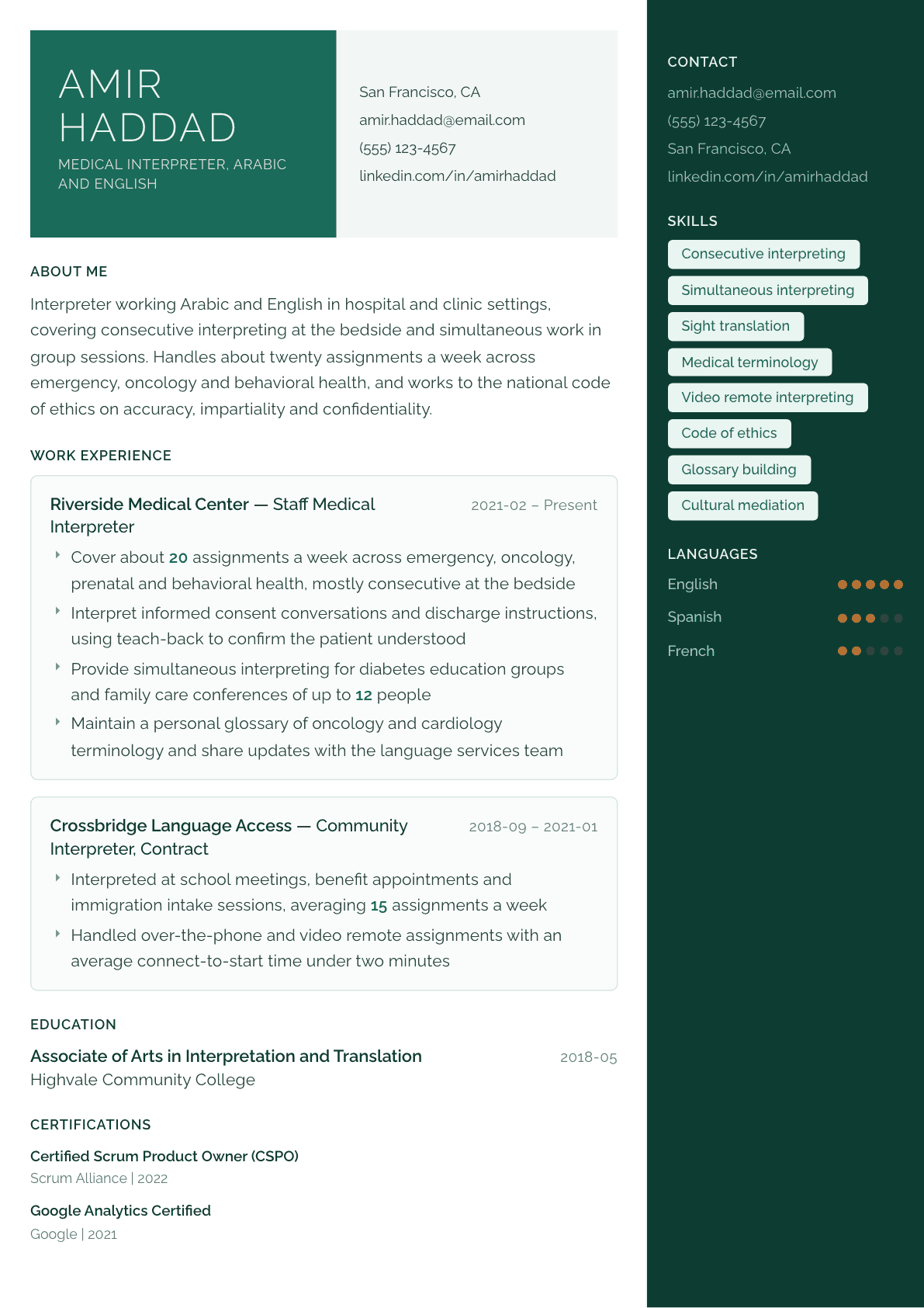 Interpreter resume example, Aurora template