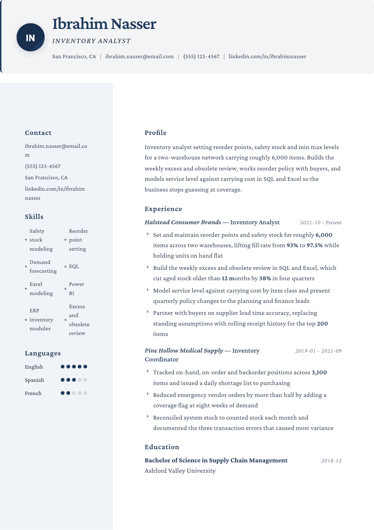 Inventory Analyst resume example, Formal template