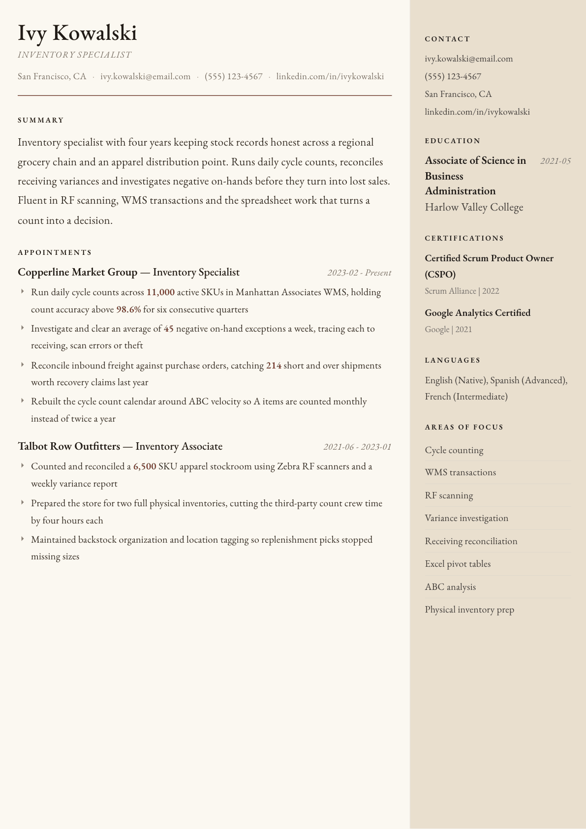 Inventory Specialist resume example, Manuscript template